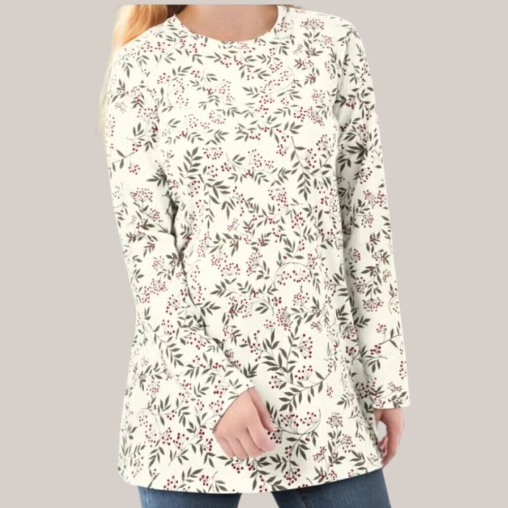 WOMAN WITHIN Long Sleeve Ivory Floral T Shirt Top Crew Neck Plus Size 14/16 NWOT
